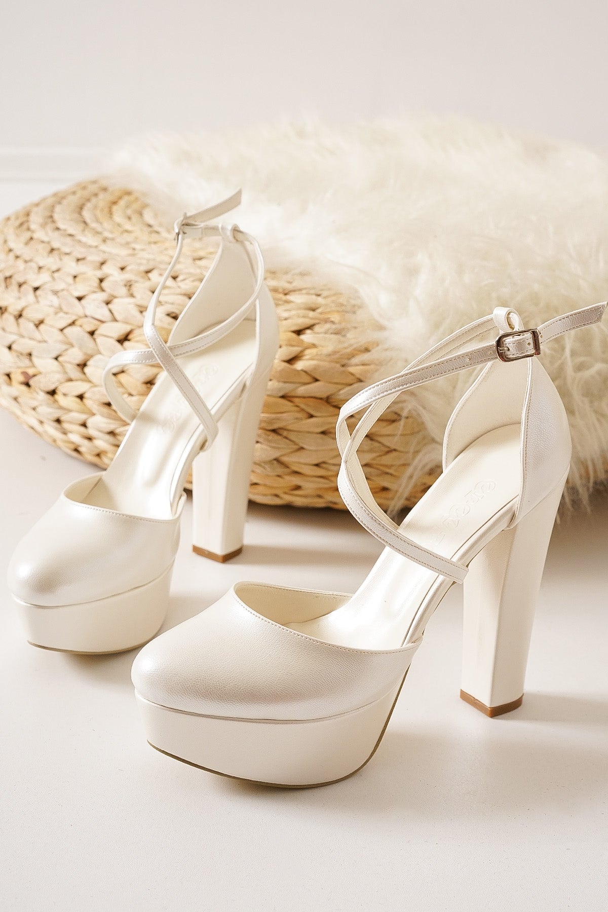 Closed Bridal Shoes, Ankle Cross-link,Platform Sole,Comfortable Bride.Thick Heel