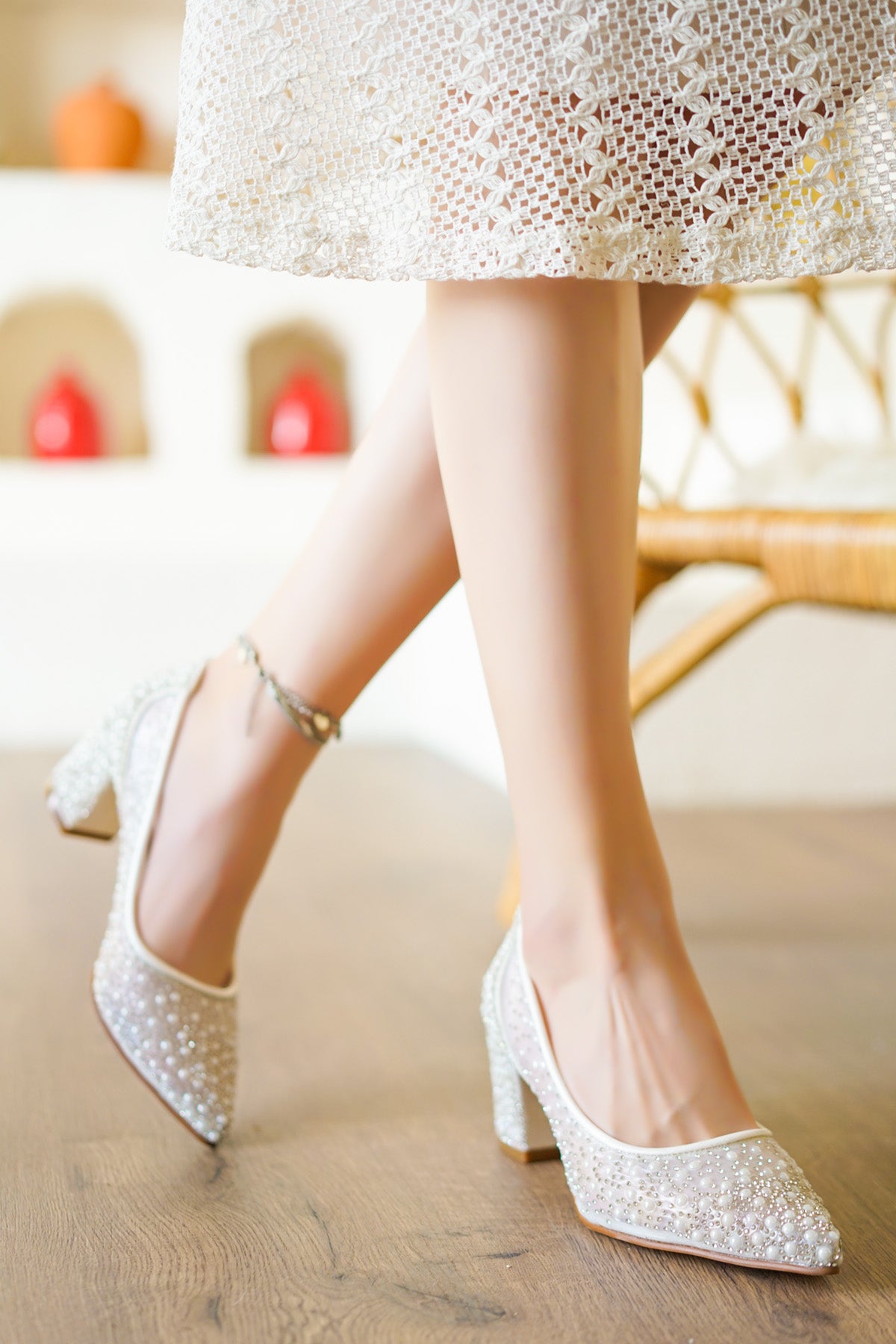 Tulle Shoes pearl embroidered stone detailed transparent