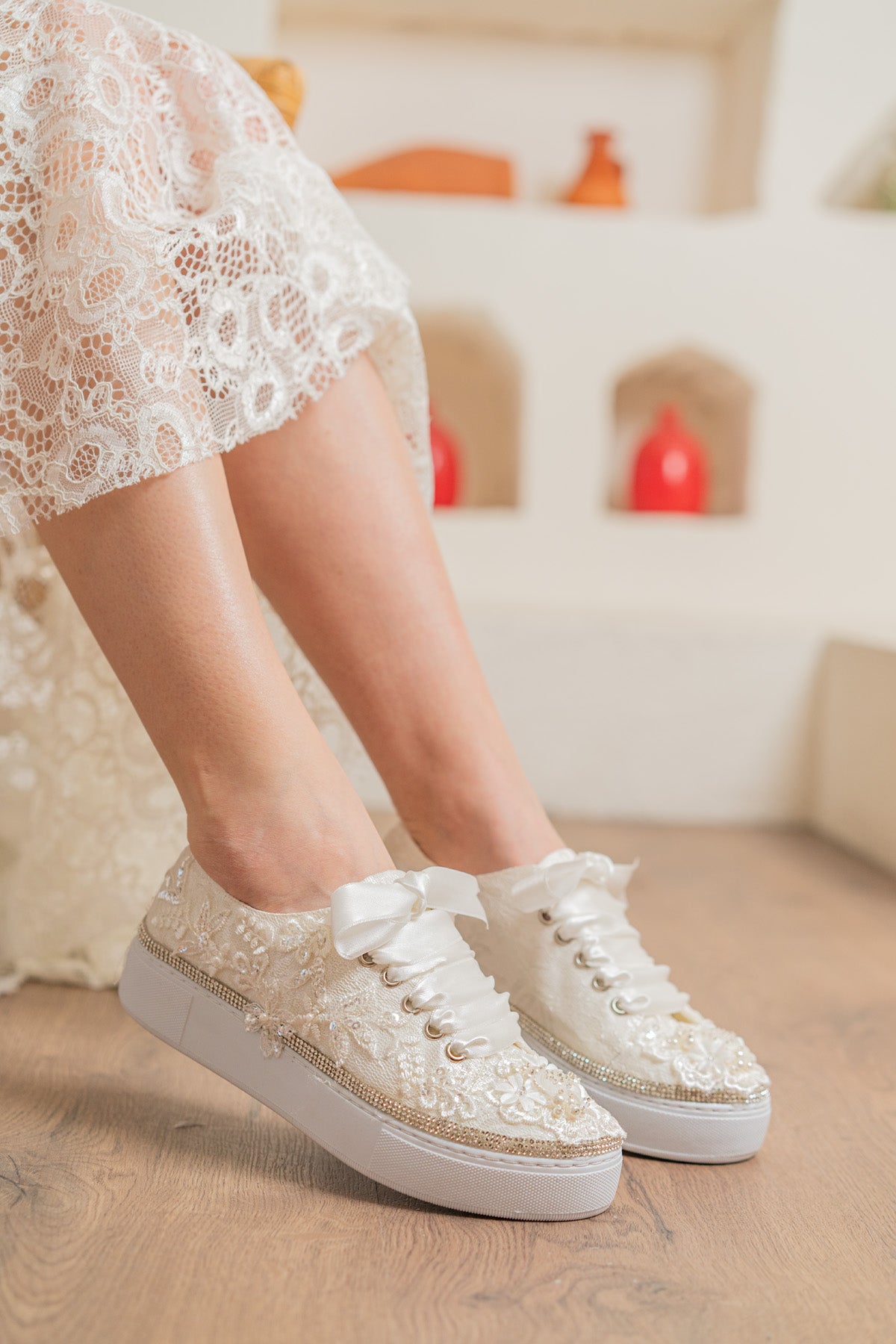 wedding dress converse lace and pearl embroidered personalized stylish designer wedding shoes