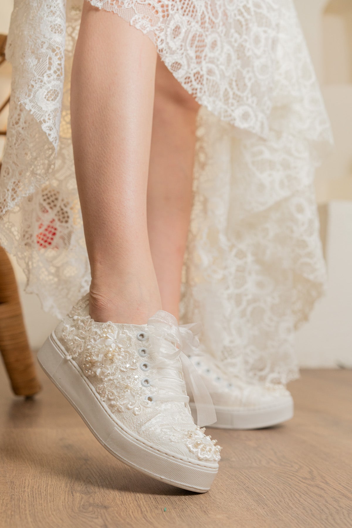 wedding dress converse lace and pearl embroidered personalized stylish designer wedding shoes