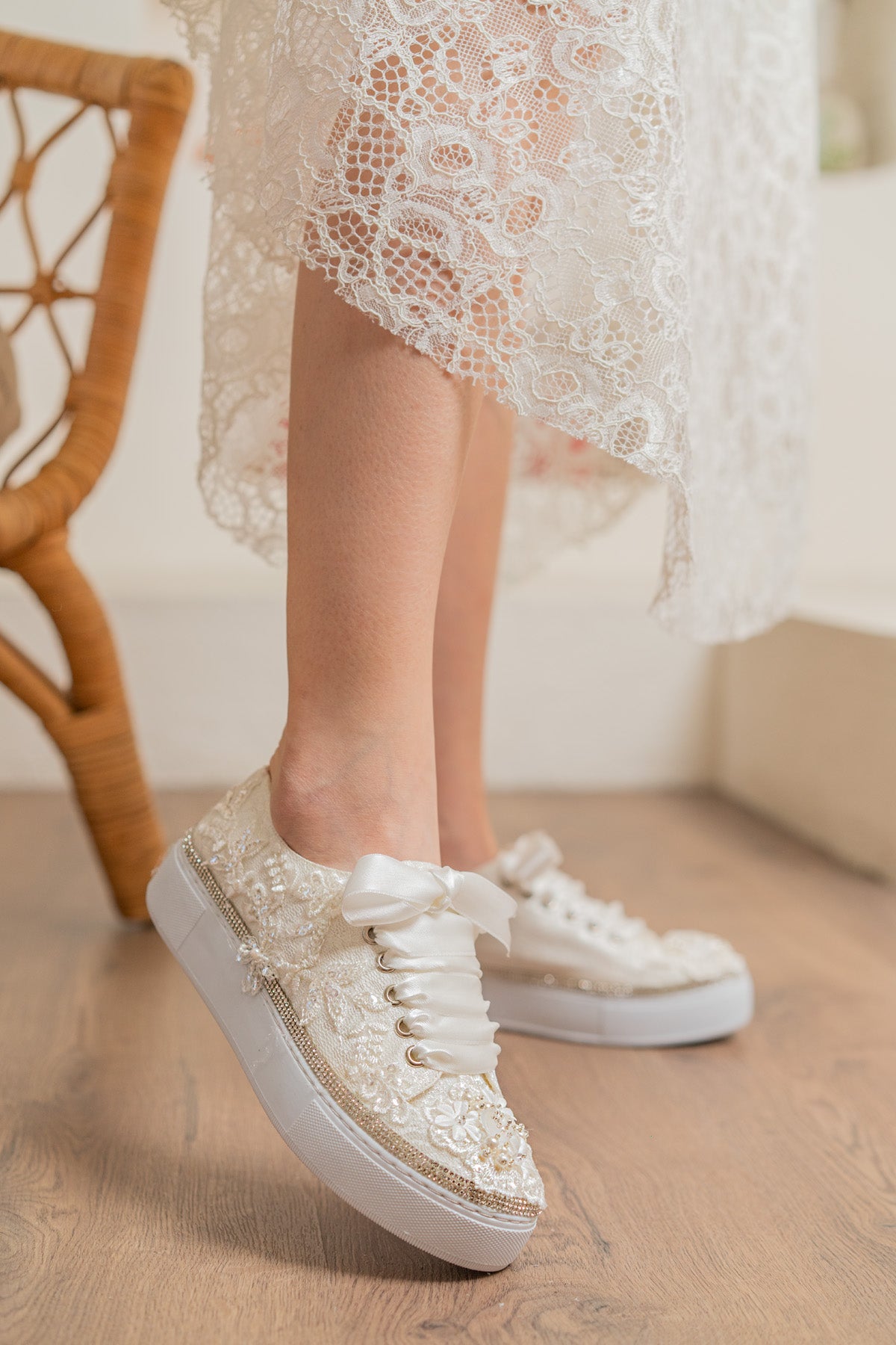 wedding dress converse lace and pearl embroidered personalized stylish designer wedding shoes