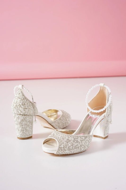 bridal shoes thick heels stone and pearl detailed