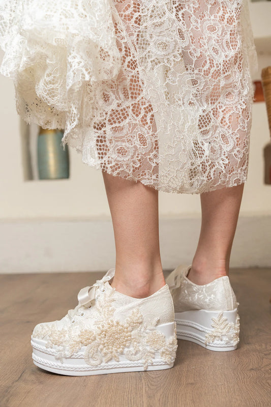 wedding dress converse lace embroidered pearl embellishment personalized stylish designer wedding shoes