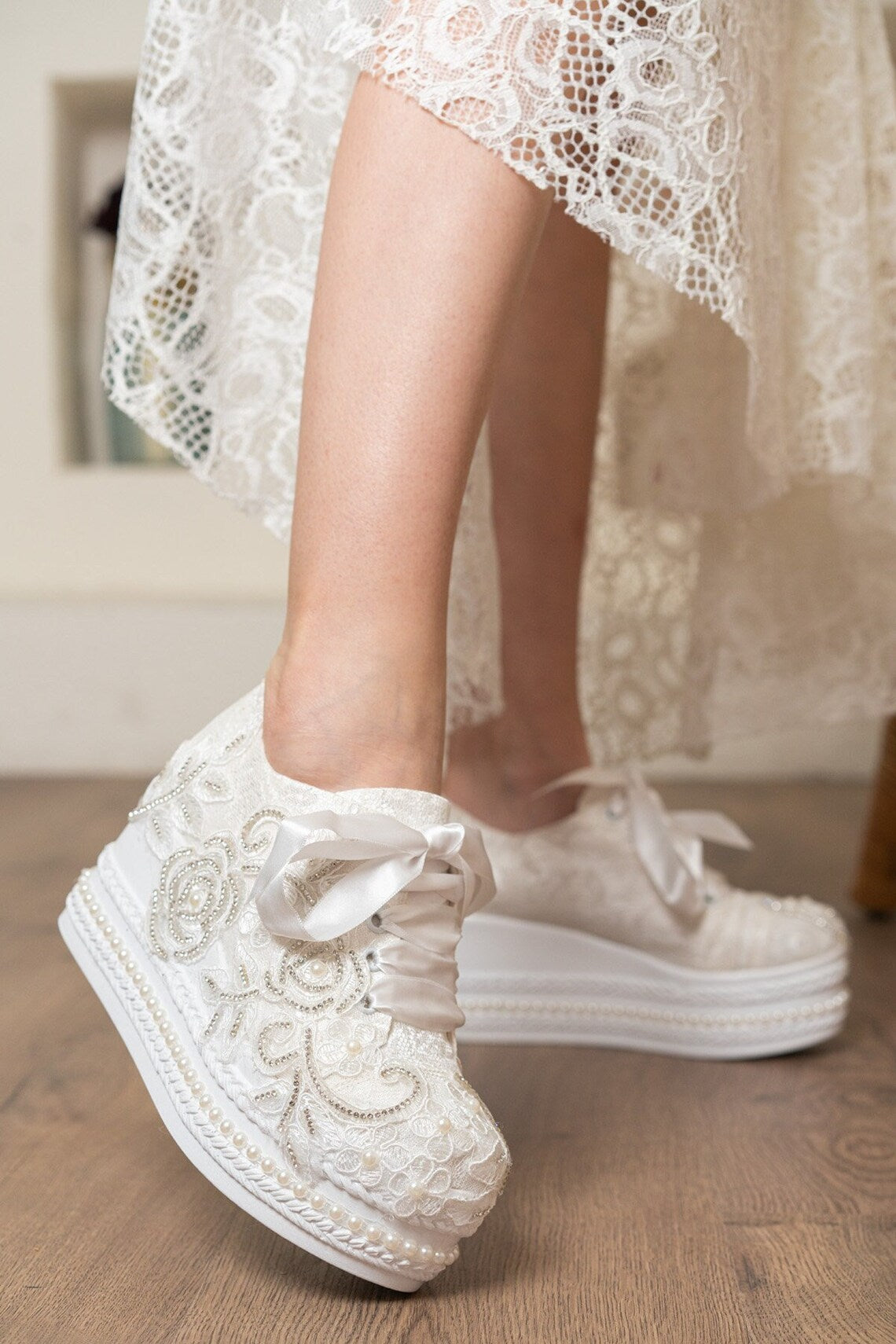 wedding dress converse lace and stone embroidered personalized stylish designer wedding shoes