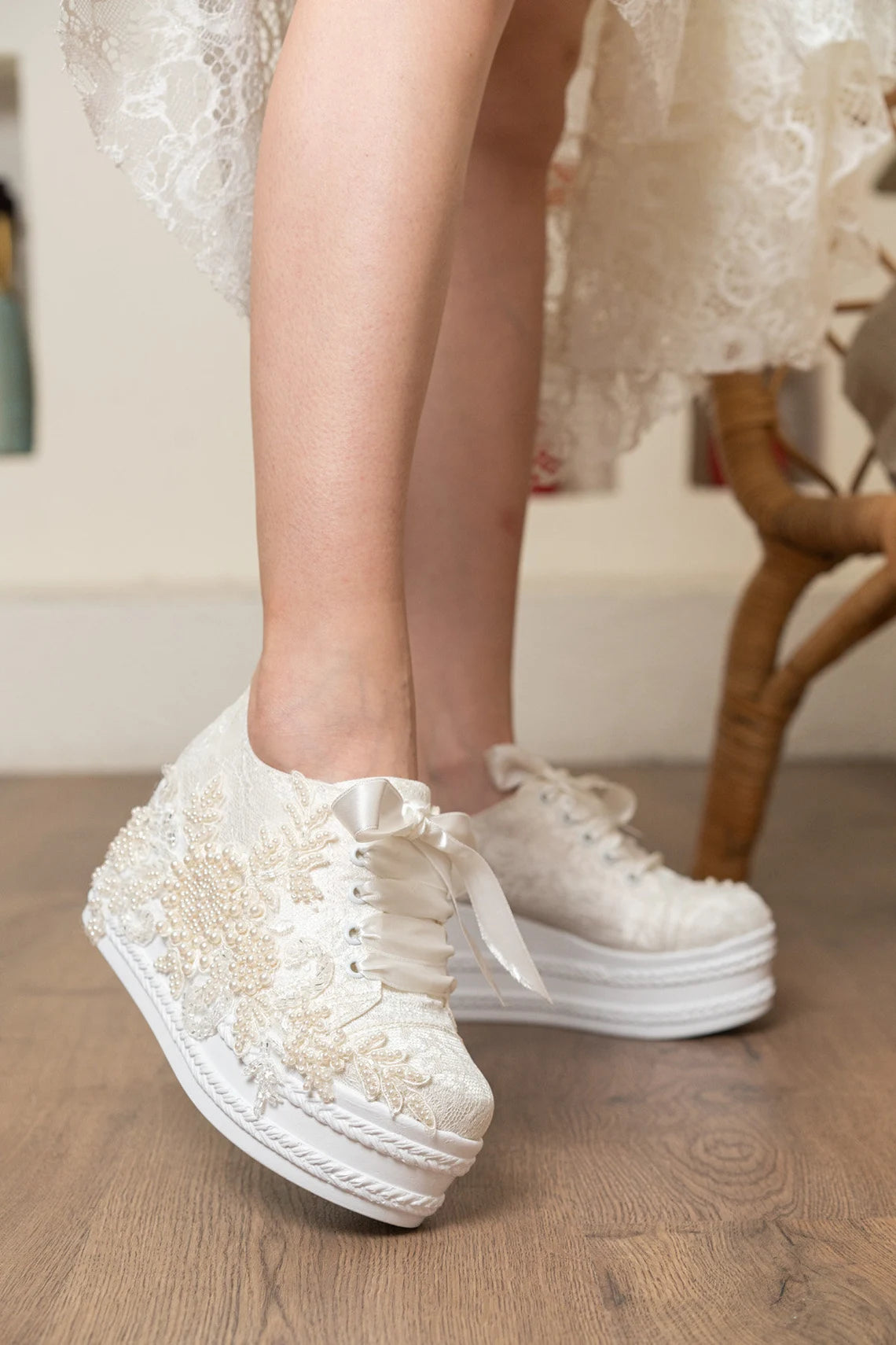 wedding dress converse lace embroidered pearl embellishment personalized stylish designer wedding shoes