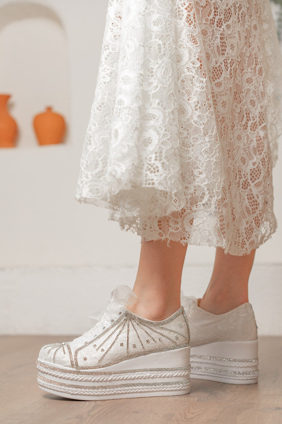 wedding dress converse lace and stone embroidered personalized stylish designer wedding shoes