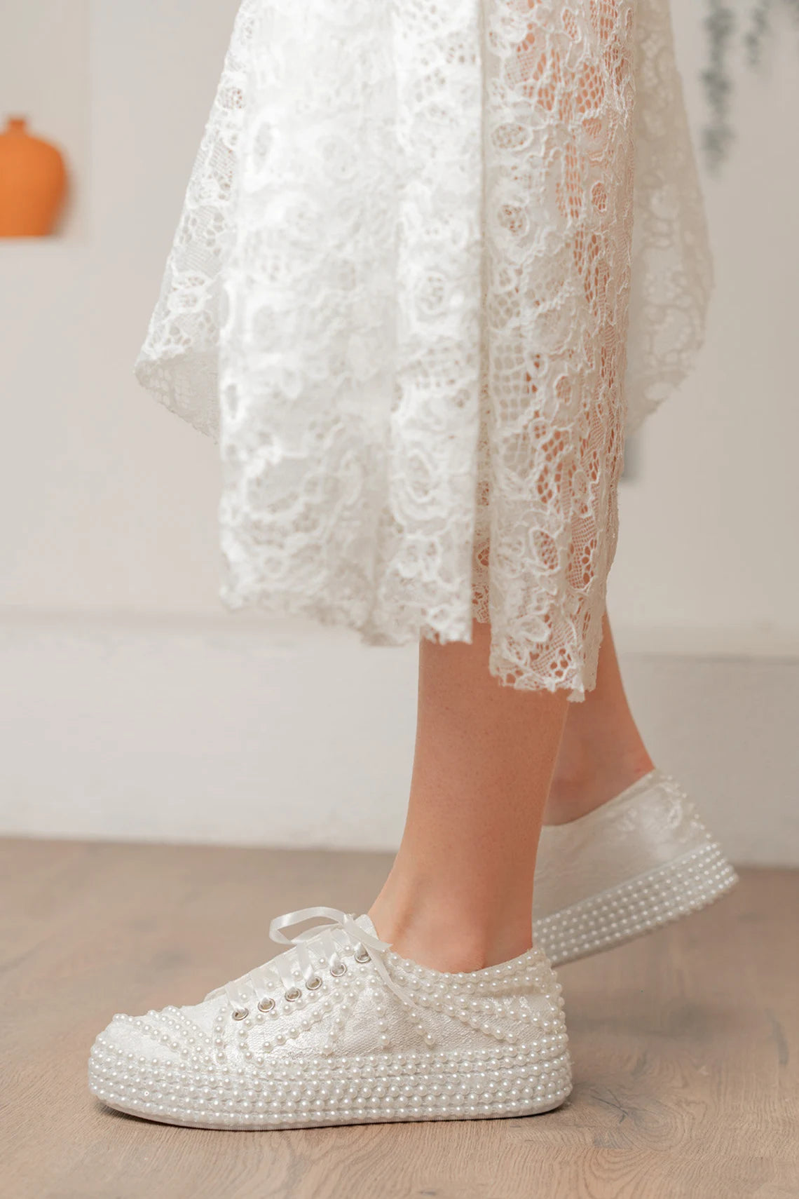 wedding dress converse lace and pearl embroidered personalized stylish designer