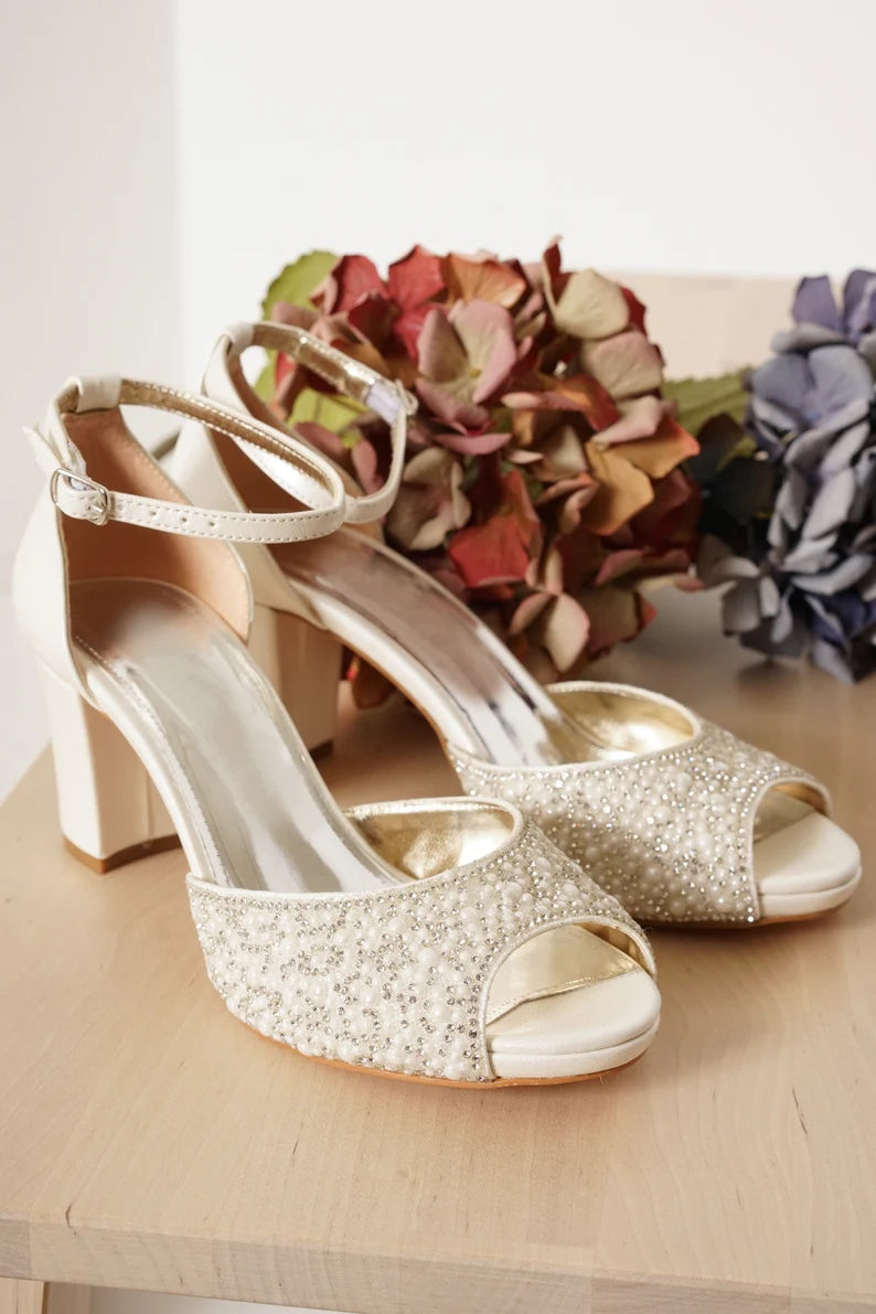 bridal shoes chunky heels comfortable platform tulle design