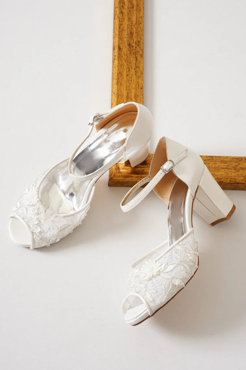 bridal shoes lace tulle design short heels casual brides