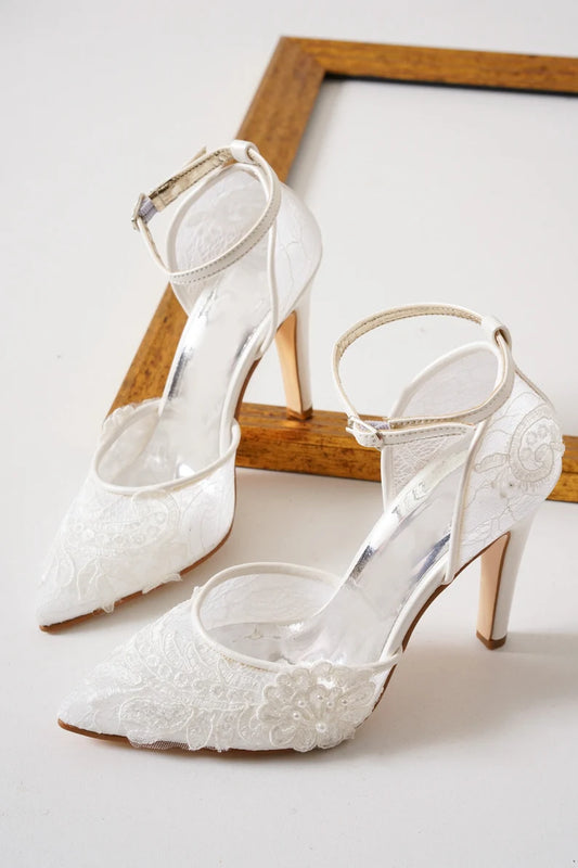 bridal shoes thin heel stiletto design tulle lace embroidery elegant brides