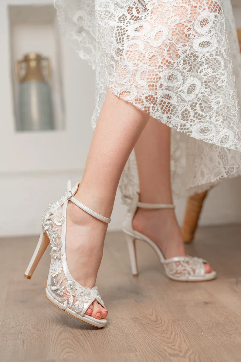 bridal shoes lace embroidered thin heels stylish design party and wedding shoes