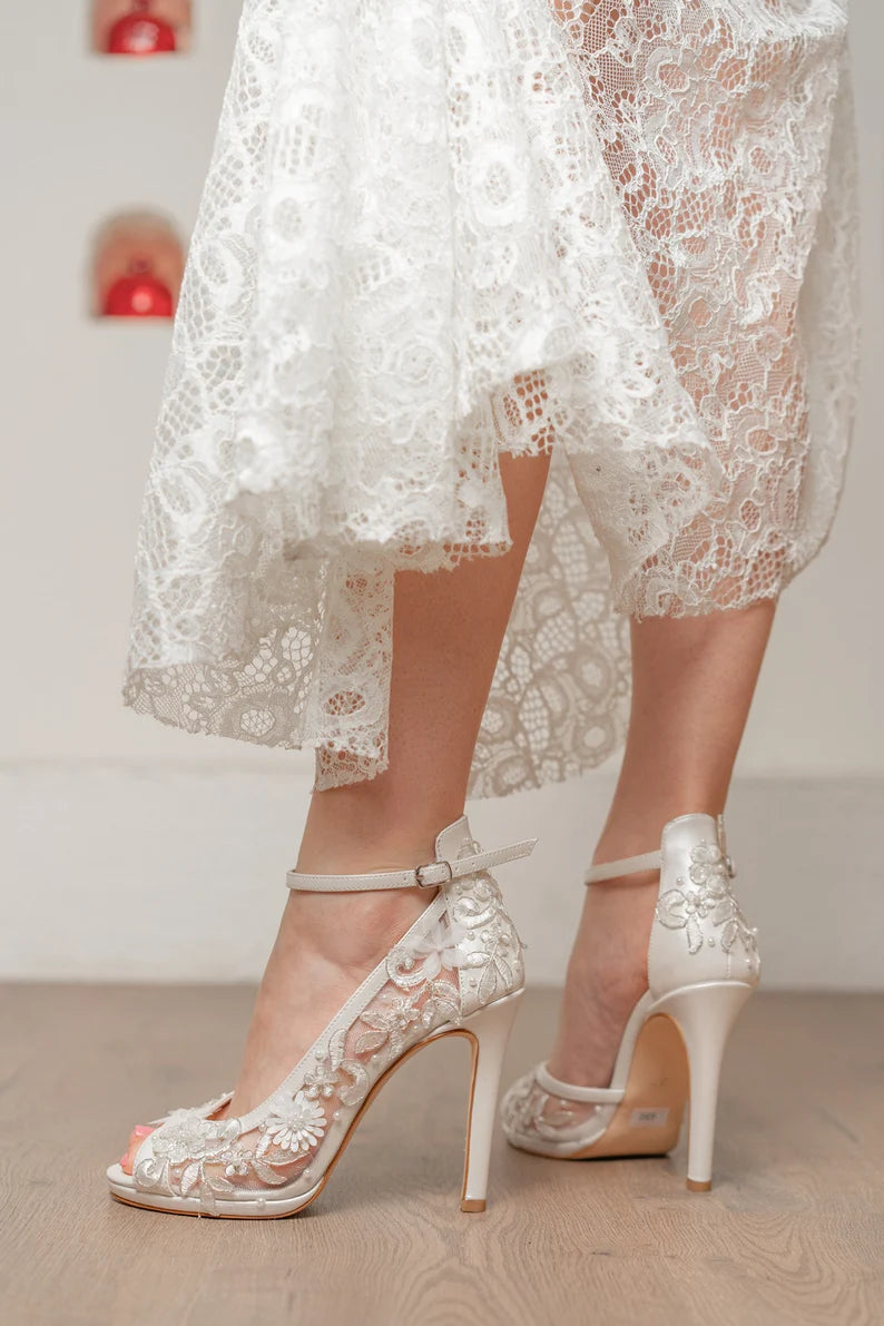 bridal shoes lace embroidered thin heels stylish design party and wedding shoes