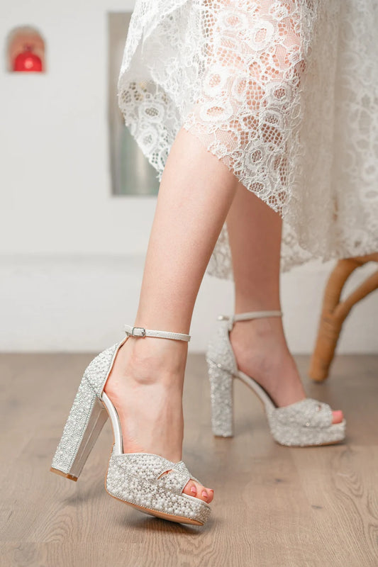 wedding shoes with stones and pearls thick heel personalized stylish design party and bridal shoes