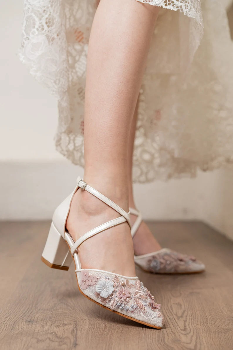 wedding shoes cross band thick heel lace personalized stylish design bridal shoes